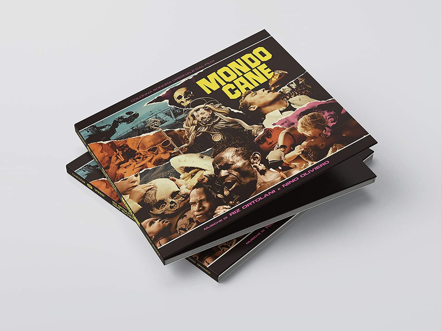 Deux exemplaires de l'album de la bande originale de Mondo Cane empilés. L'artwork présente des visages et du texte.