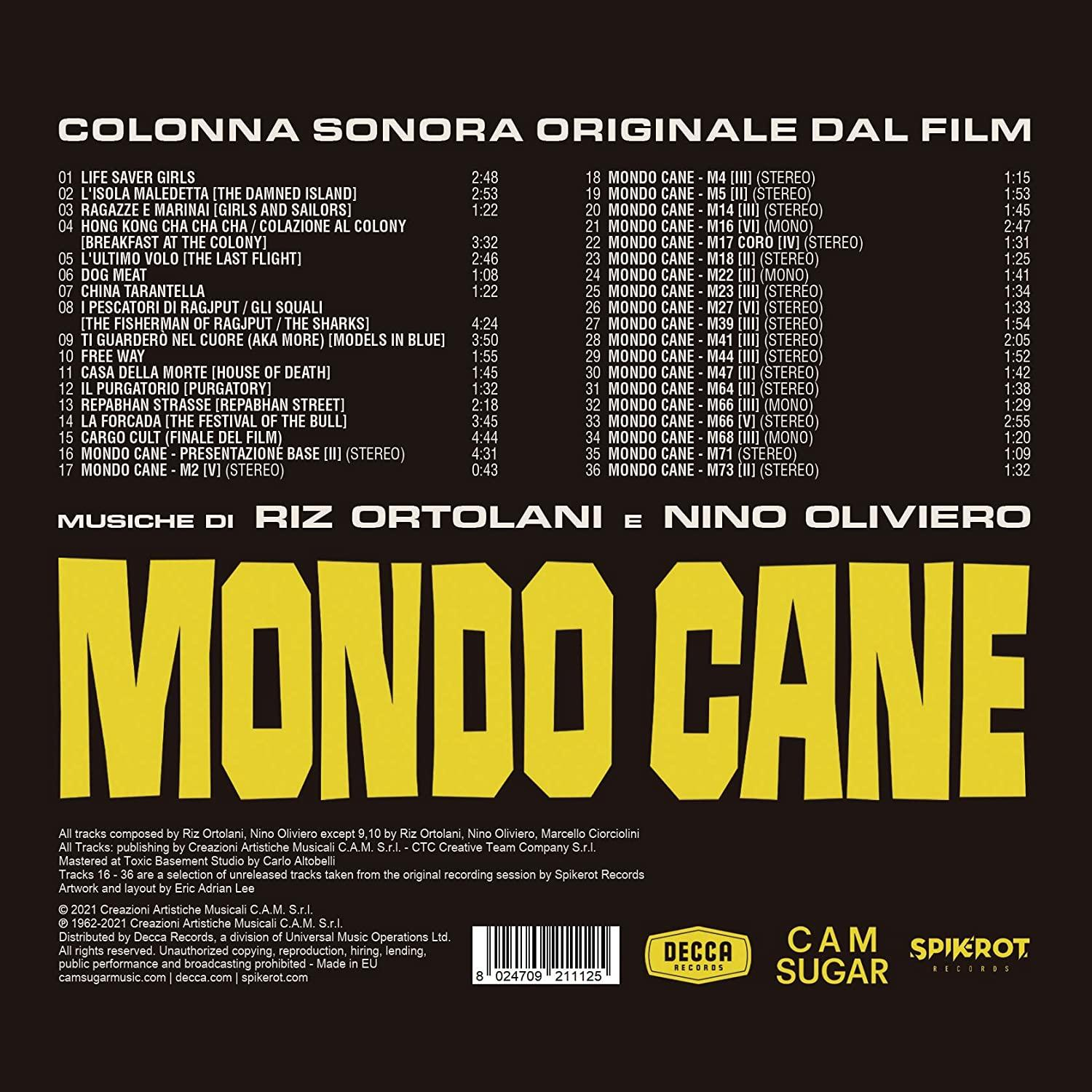 Couverture d'album. Texte en noir et blanc avec des notes de musique. Titre de l'album : MONDO CANE.