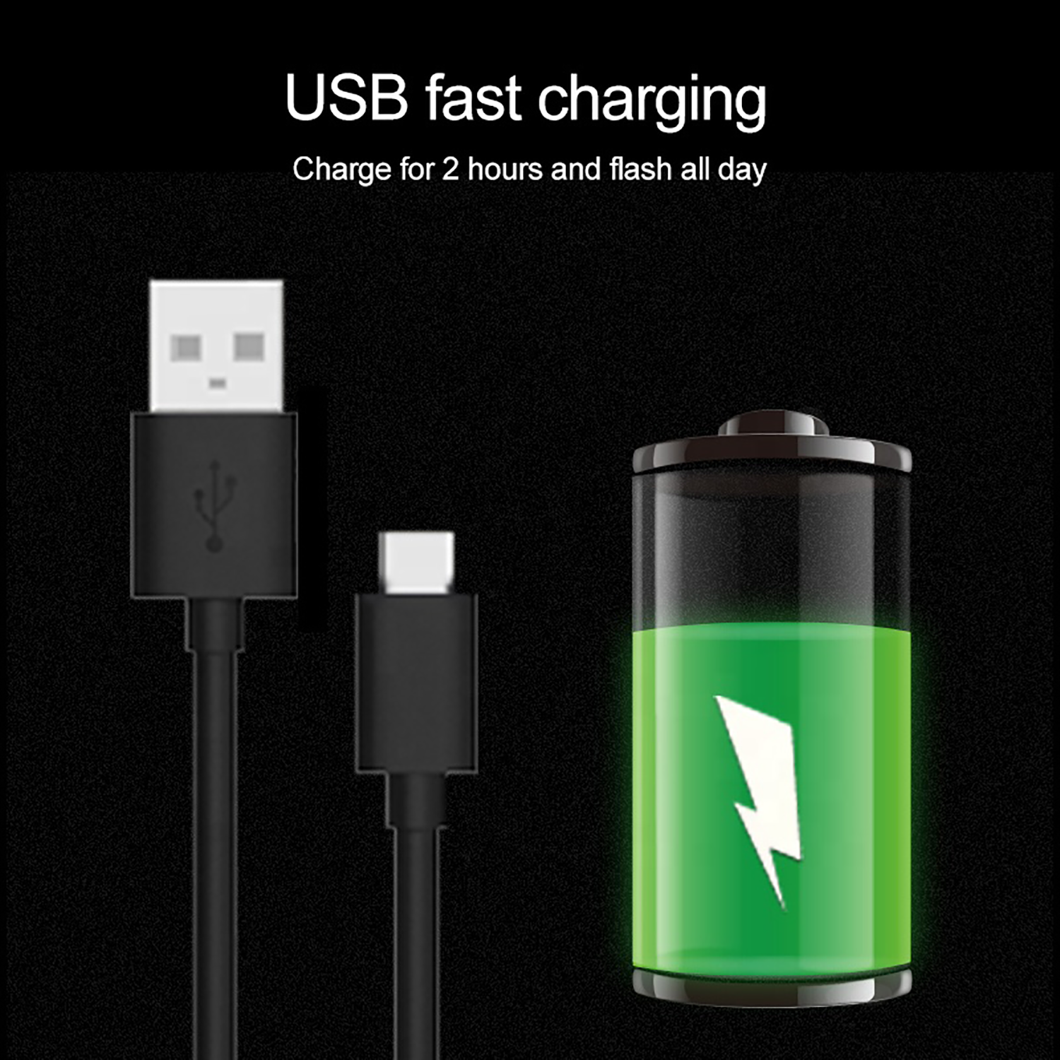 Image shows a USB cable and a charging battery with a lightning bolt.