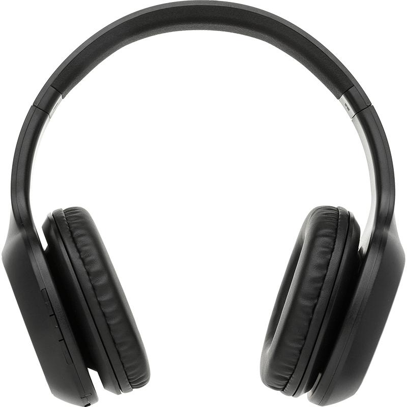 Schwarze Over-Ear-Kopfhörer von oben gesehen. Gepolsterte Ohrmuscheln und Bügel.