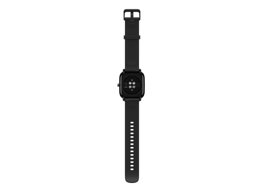 Smartwatch negra con sensor de frecuencia cardíaca en la parte trasera, correa negra.