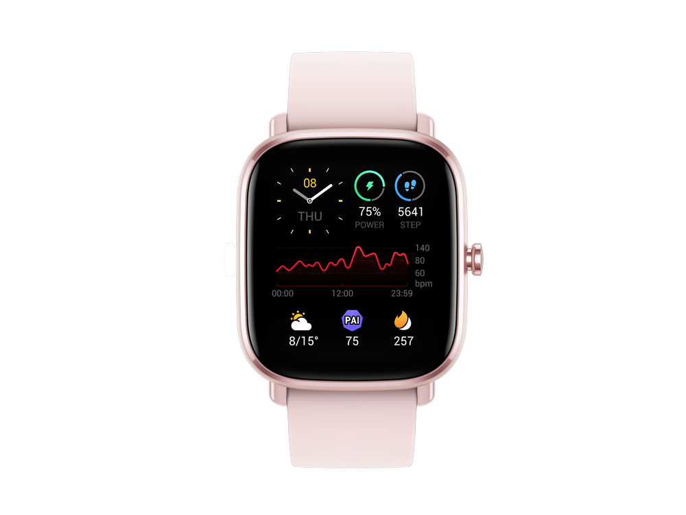 Un reloj inteligente rosa que muestra la hora, la frecuencia cardíaca, los pasos y otros datos.
