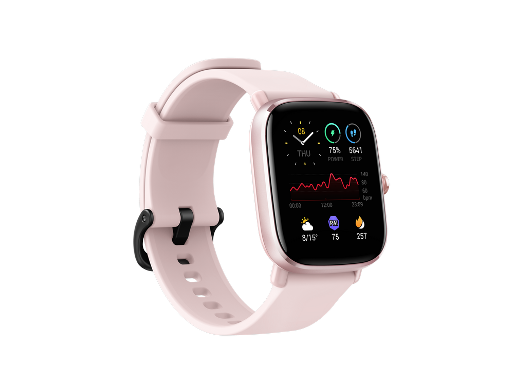 Reloj inteligente rosa sobre fondo negro. Muestra la hora, la energía, los pasos y la frecuencia cardíaca.