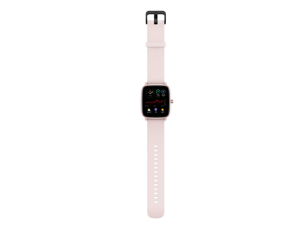 Un reloj inteligente rosa con bisel negro y correa rosa, fondo negro.