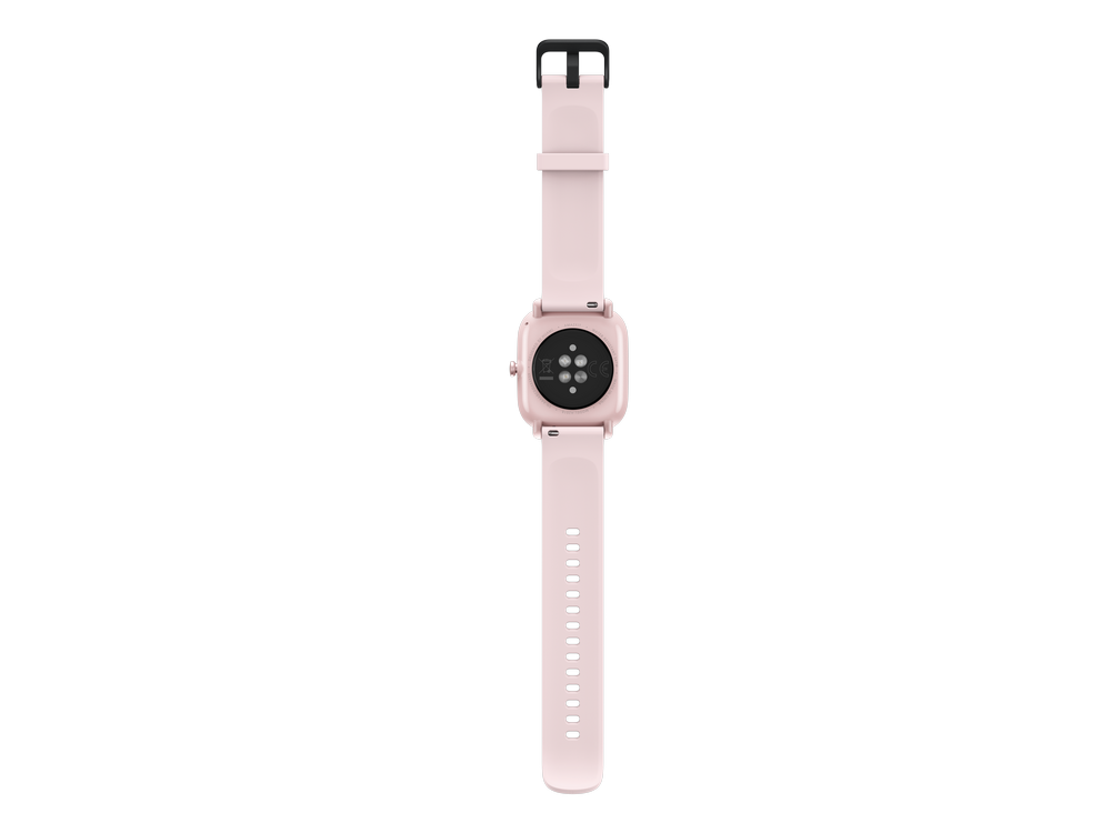 Un reloj inteligente rosa con una correa negra, pantalla negra y parte trasera negra con sensor.