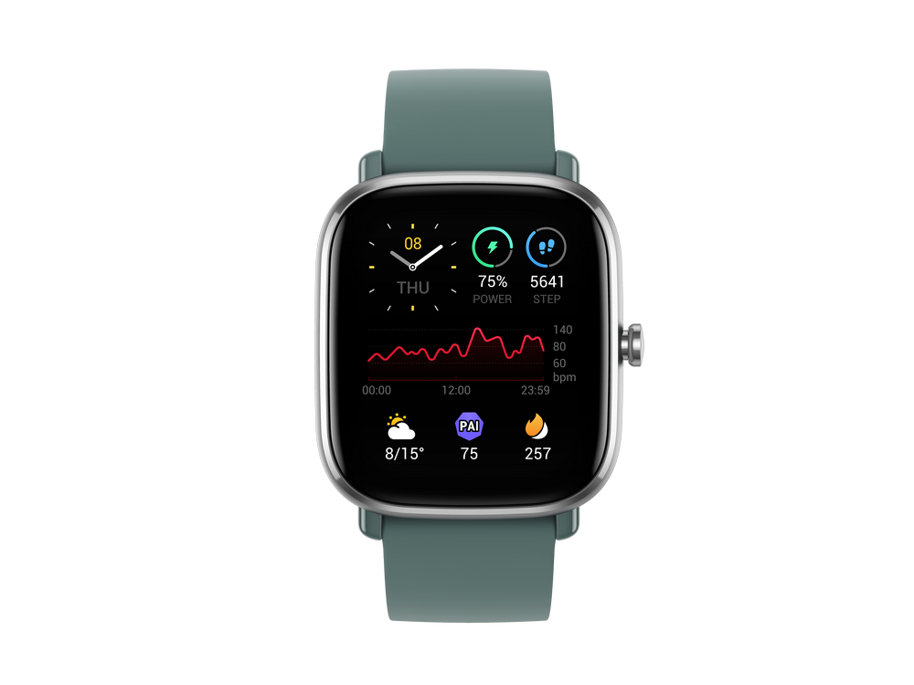 Un reloj inteligente con correa color turquesa. La pantalla muestra la hora, pasos, frecuencia cardíaca y batería.