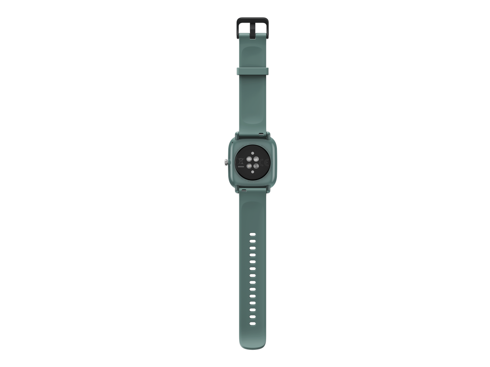 La parte trasera de un reloj inteligente verde.