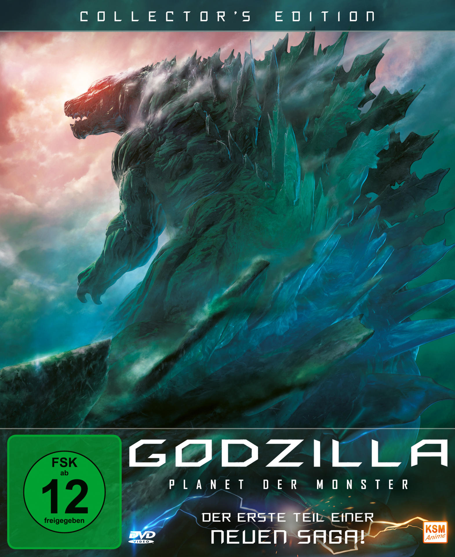 Godzilla-Filmcover. Godzilla und Text. Ein blau-graues Farbschema.