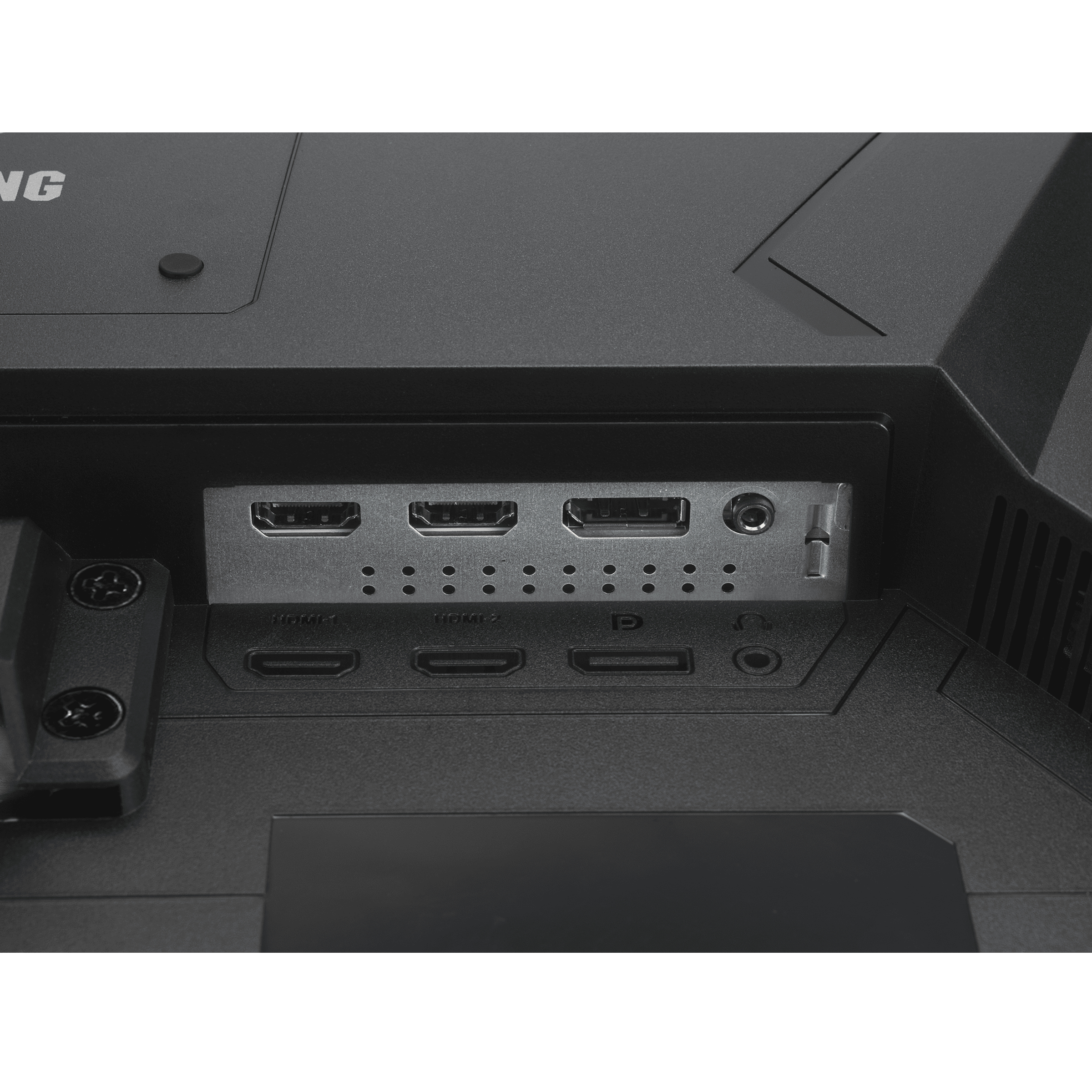Rückseite eines Monitors mit HDMI-, DisplayPort- und Audioanschlüssen.