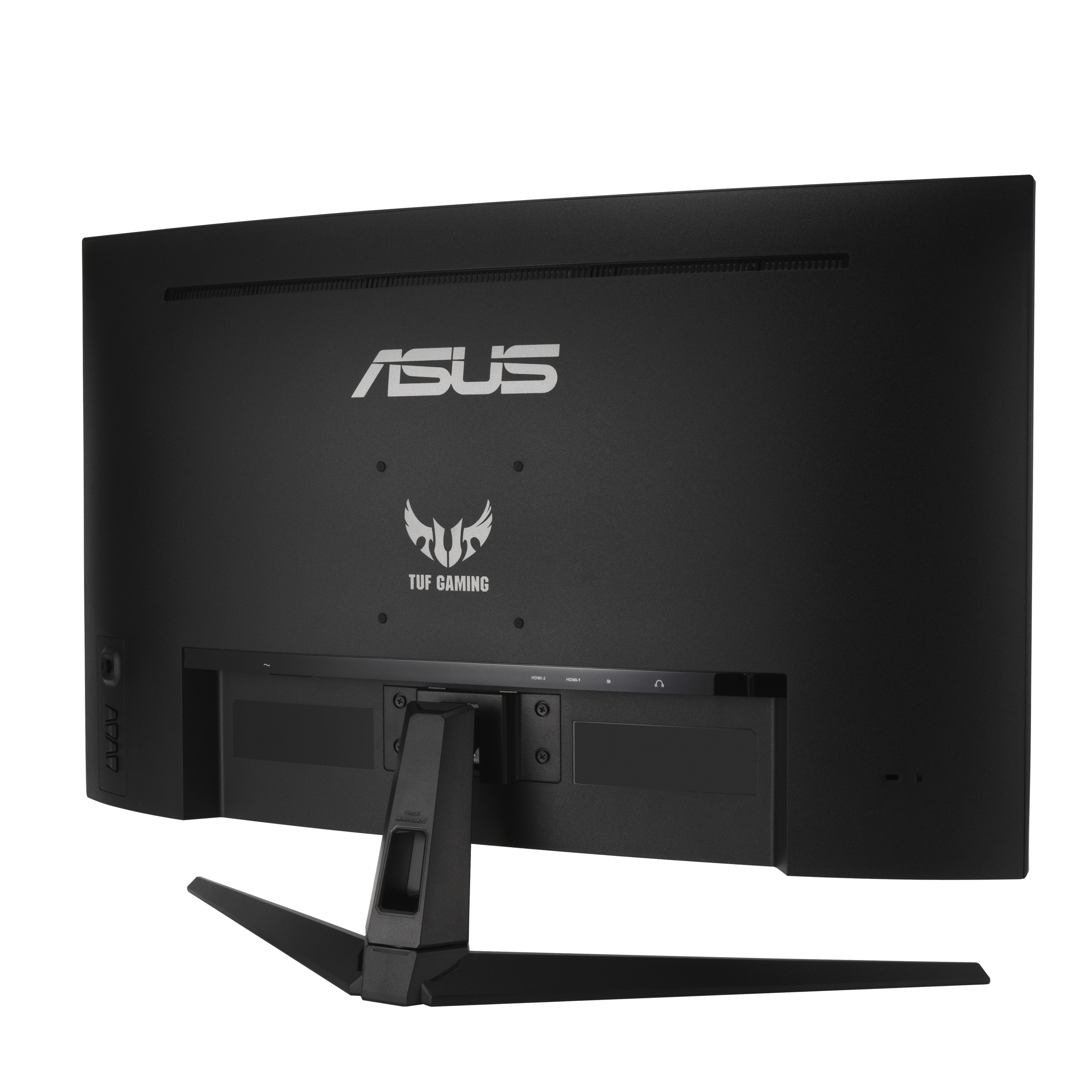 Rückseite eines schwarzen Asus TUF Gaming Monitors mit Markenlogo und Ständer.