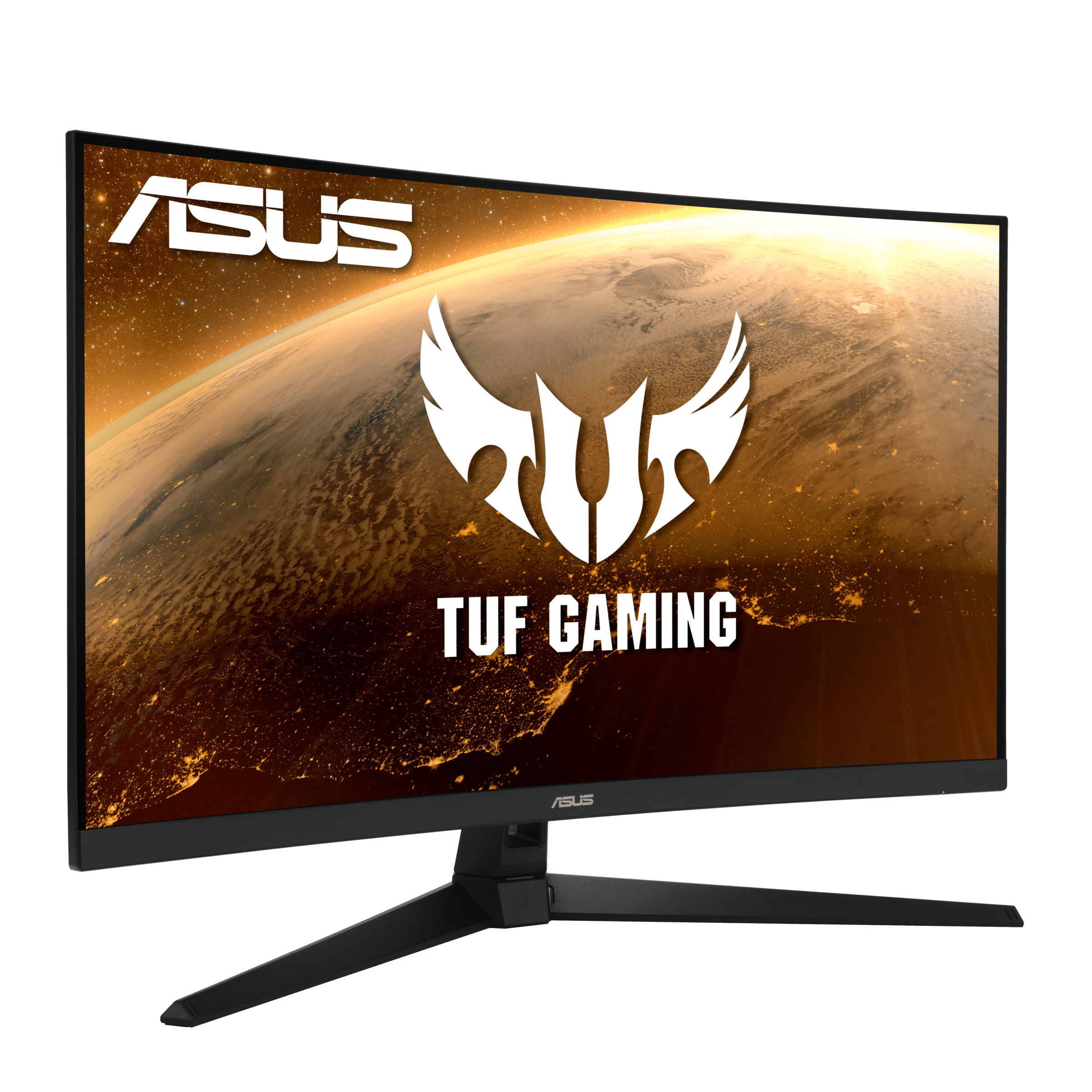 Ein ASUS TUF Gaming Curved-Monitor, der ein Weltraum-Themenbild zeigt.