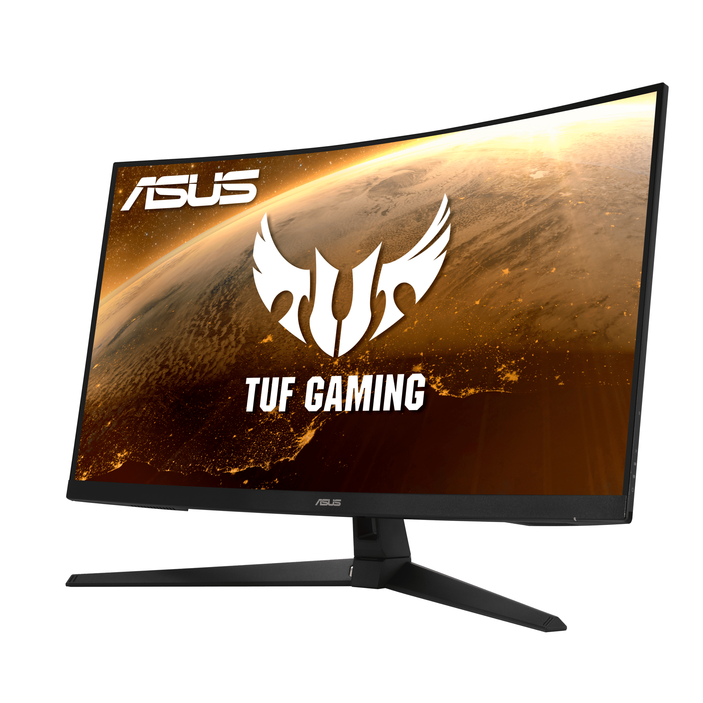 Gebogener ASUS Gaming-Monitor. Der Bildschirm zeigt eine Weltraumszene mit ASUS-Logo.