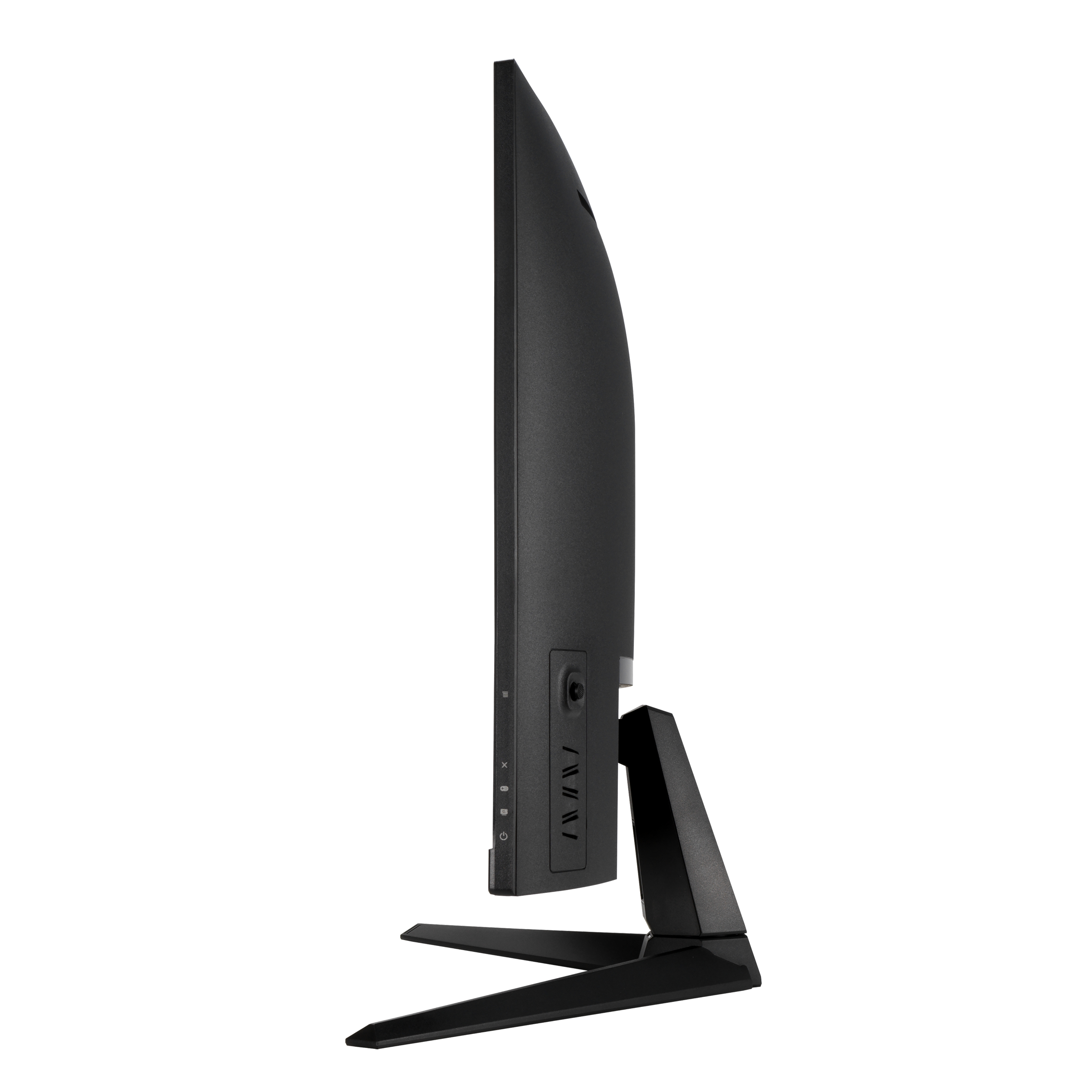 Seitenansicht eines schwarzen Monitors mit Ständer, Anschlüssen und Ein-/Ausschalter.