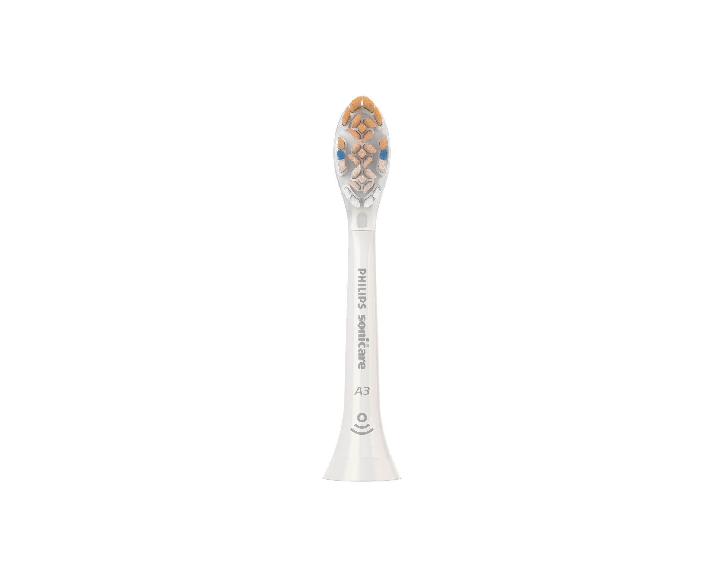 Een Philips Sonicare tandenborstelkop, wit met oranje en blauwe borstelharen, op een witte achtergrond.