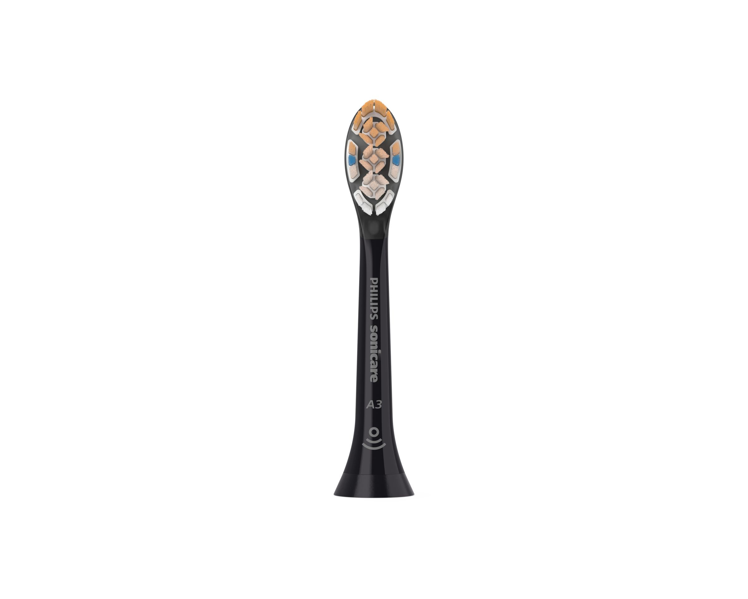 Black Philips Sonicare toothbrush head with multi-colored bristles on a white background.