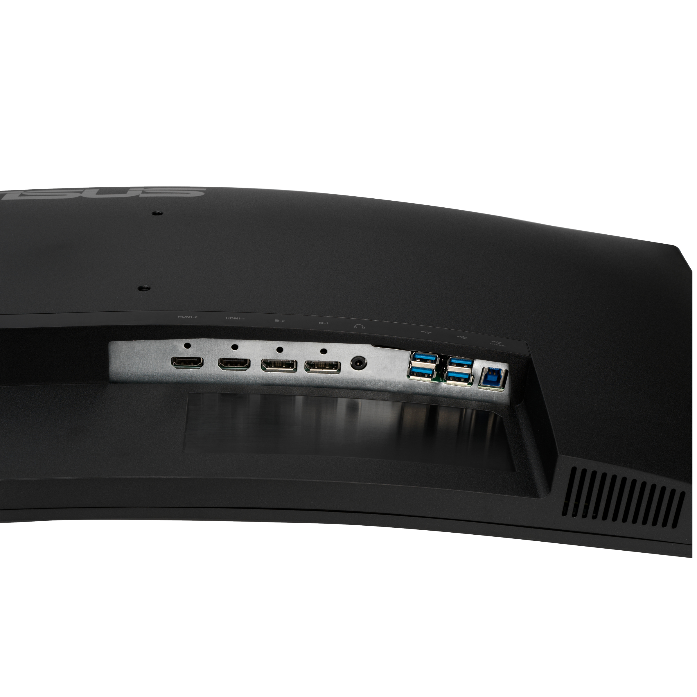 Close up of the back of a black monitor with several ports. HDMI, USB and power ports are visible.