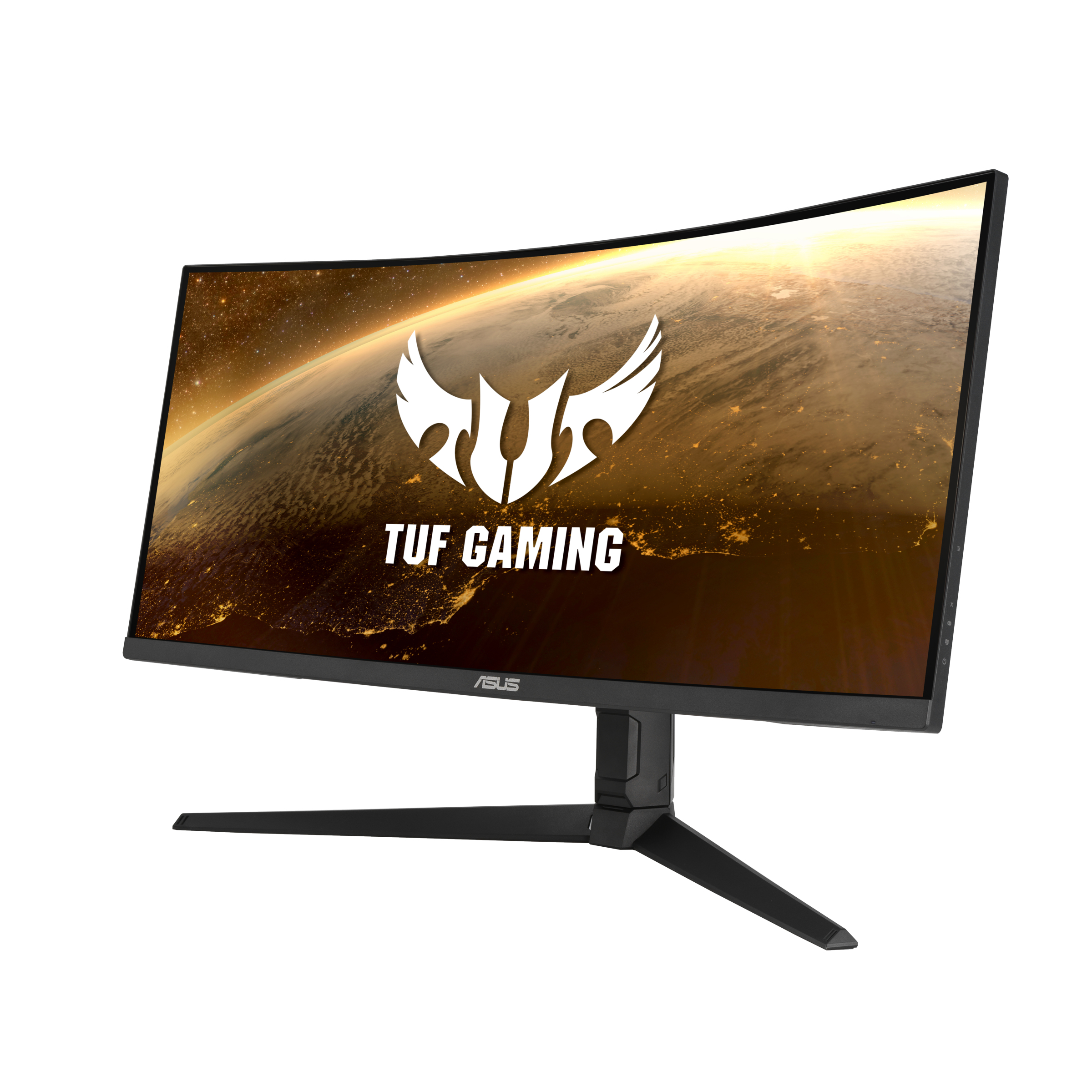 Curved gaming monitor with a logo, set against a background of a city.