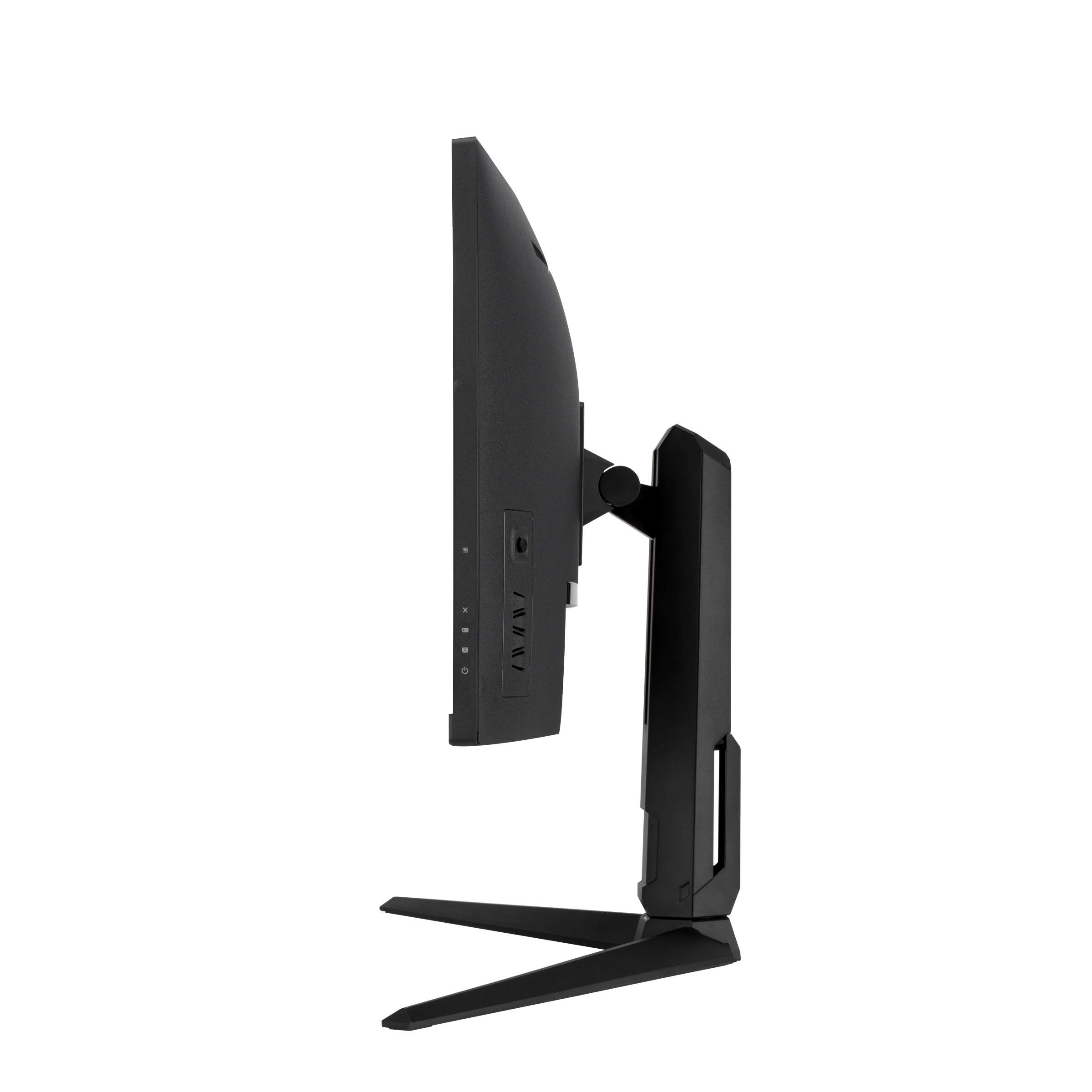 A black computer monitor, side view, on a black stand. Clean, modern design.