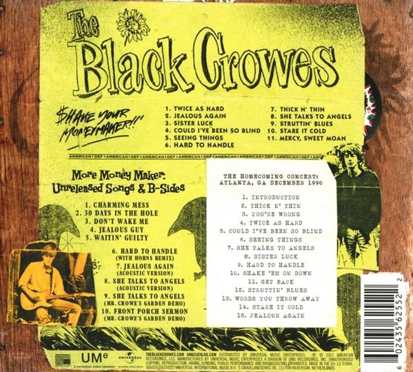 Albumcover mit gelbem Hintergrund und Text für The Black Crowes. Titelliste und Bandmitglieder sind sichtbar.