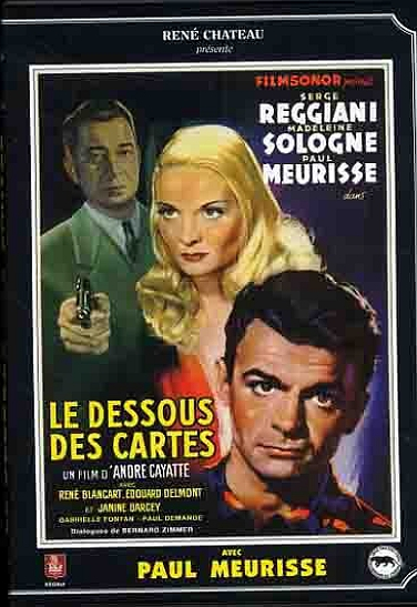 Een vintage filmposter met drie personen. Een vrouw, een man met een pistool en een man die naar beneden kijkt.