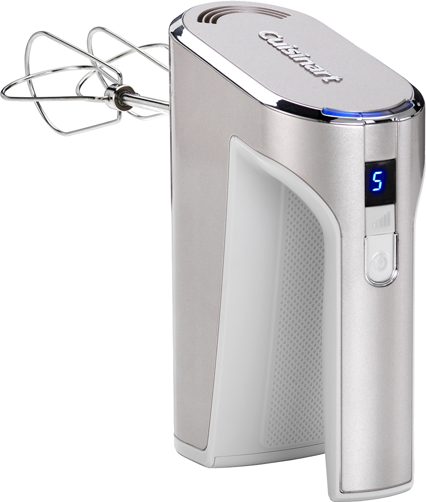 Handmixer. Zilver en wit met een blauw digitaal display met de snelheid.
