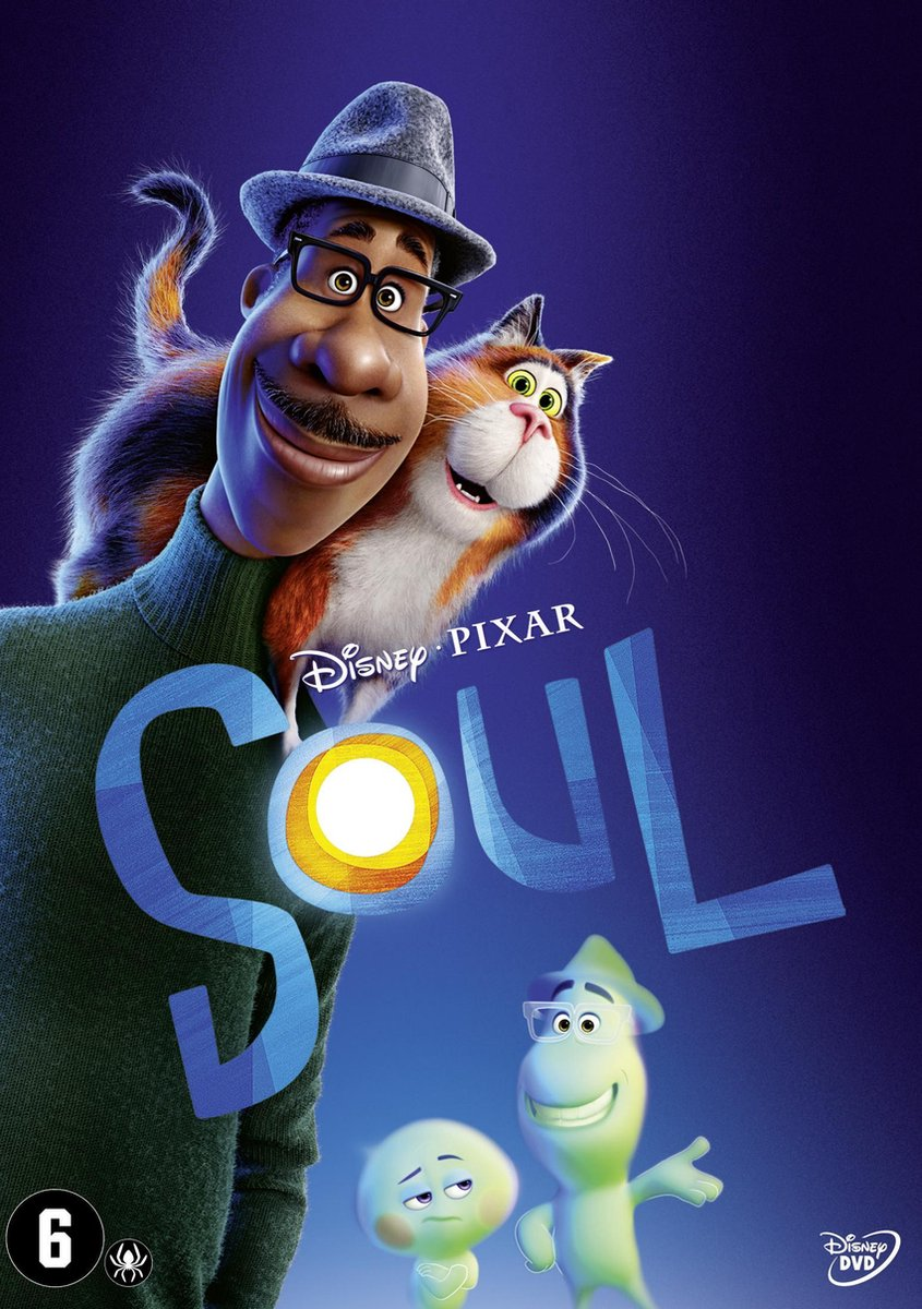 Soul DVD-hoes. Man met bril en een kat, en twee cartoonfiguren.