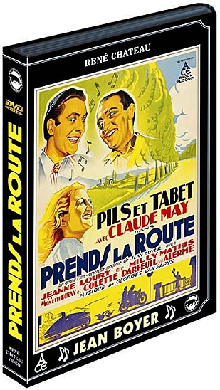 DVD-hoes met drie mannen in pak en een vrouw, vintage stijl.