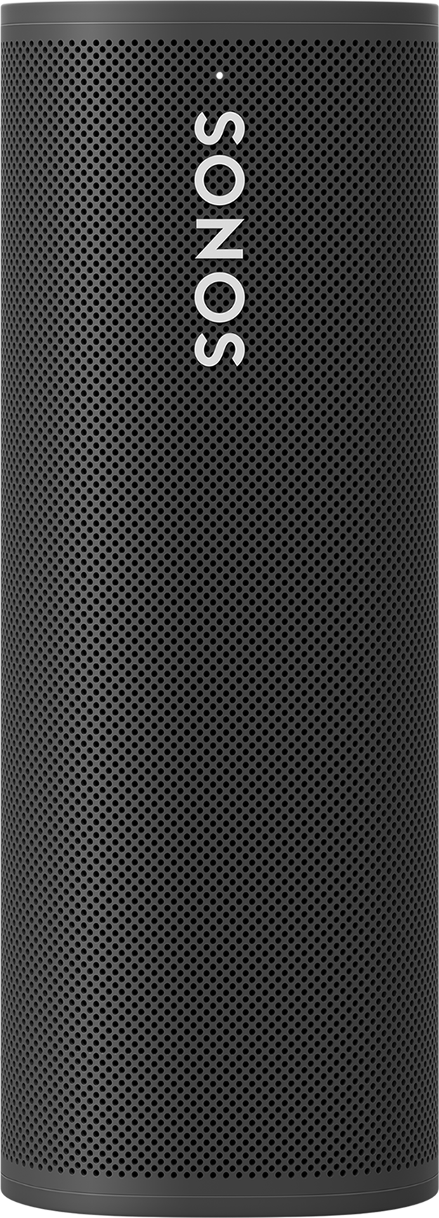 Zwarte Sonos-luidspreker. Cilindrische vorm met geperforeerd oppervlak. Sonos-logo zichtbaar.