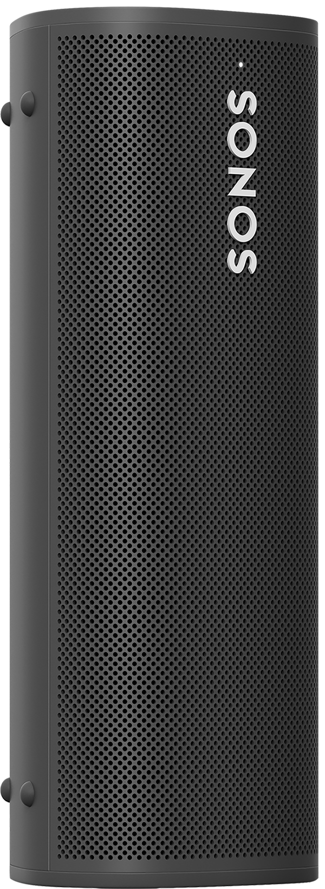 Zwarte cilindrische luidspreker met perforaties en het woord "SONOS" op de zijkant.