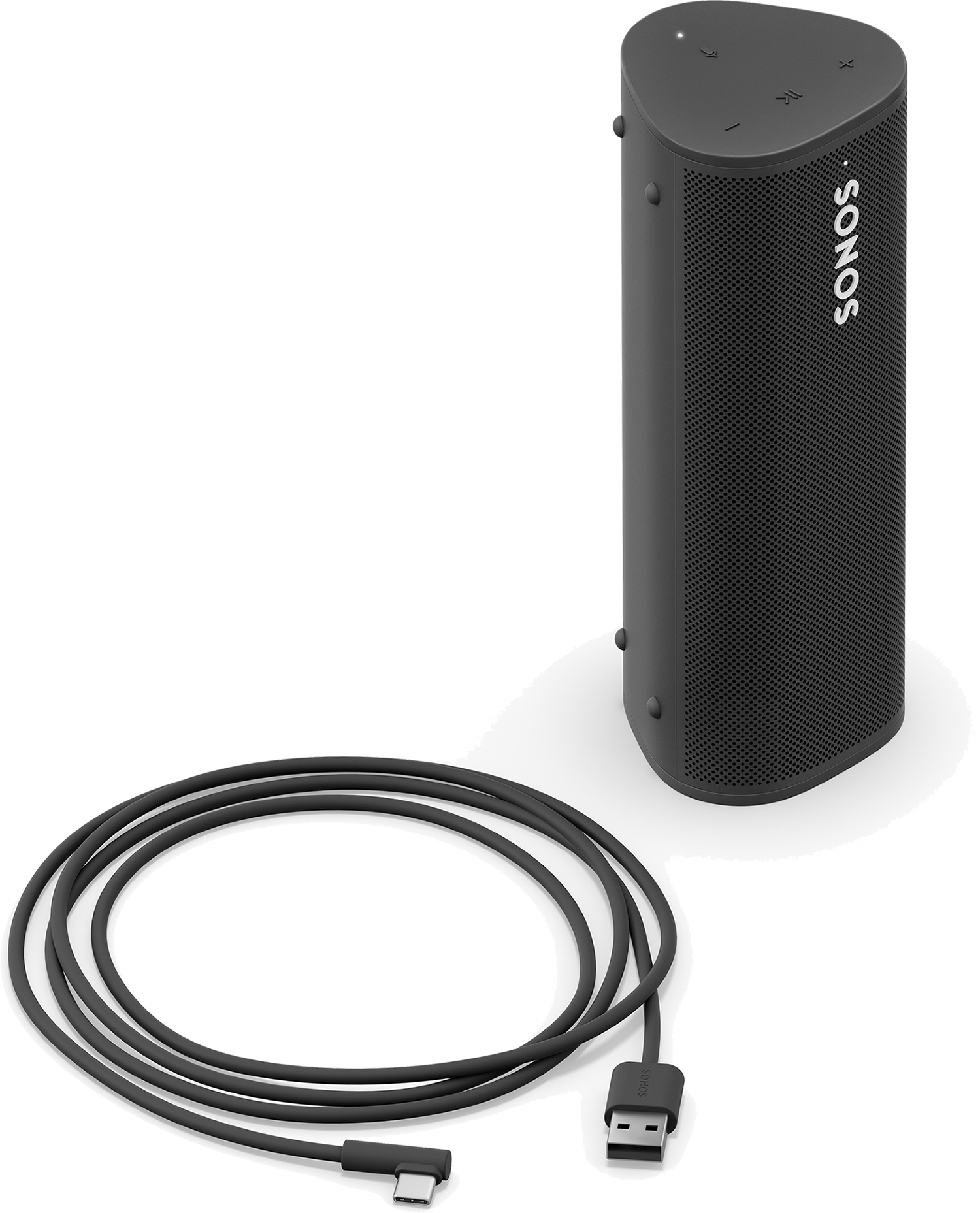 Zwarte Sonos-luidspreker en zwarte kabel. De luidspreker is cilindrisch met knoppen.