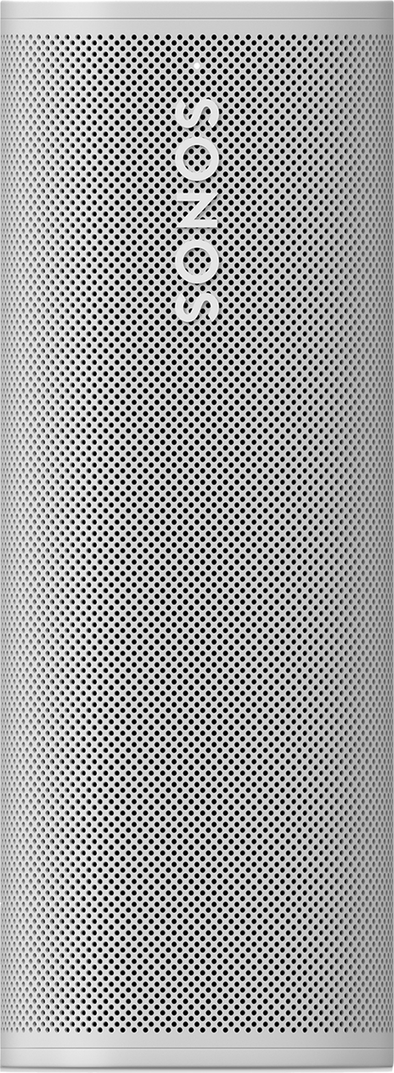 Een cilindrische zilveren SONOS-luidspreker, rechtopstaand. Het heeft een geperforeerd oppervlak.