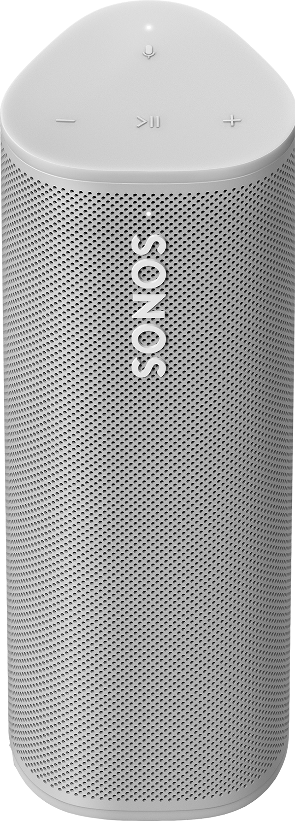Een witte SONOS-luidspreker, cilindervormig met bedieningsknoppen bovenop.
