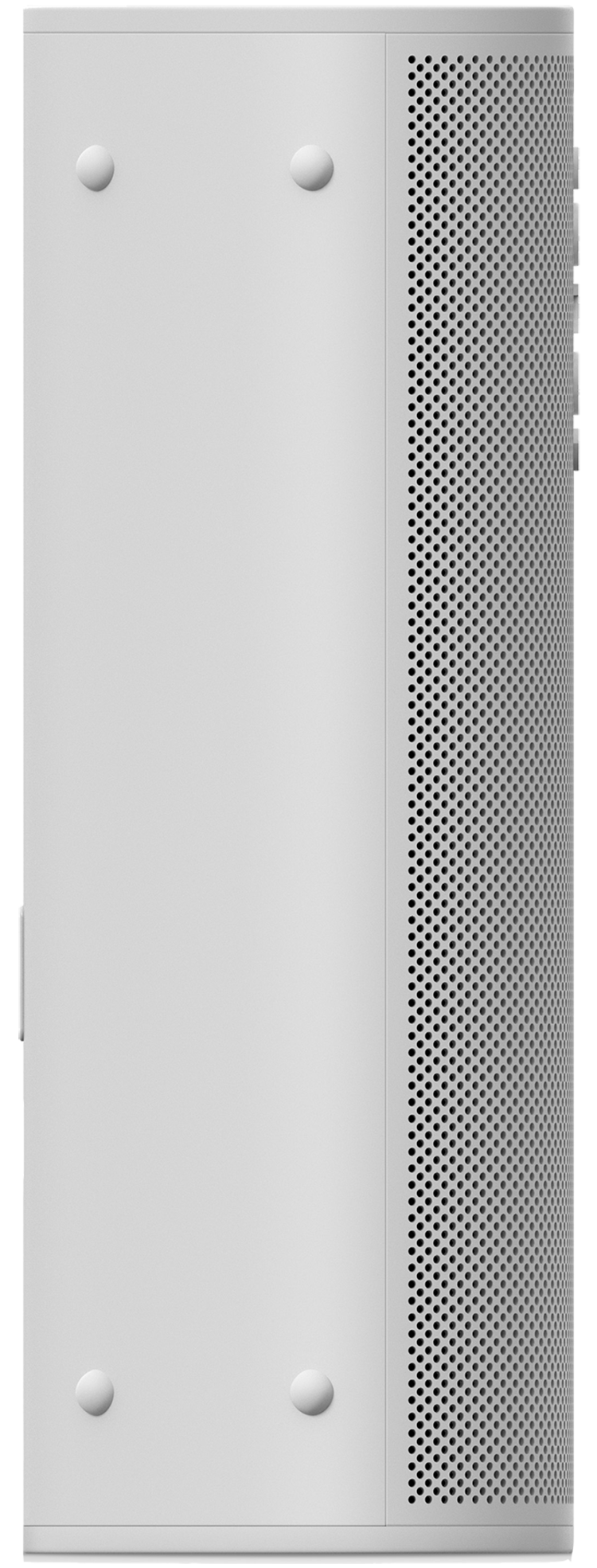 Een hoge, witte, rechthoekige luchtreiniger. Heeft ventilatieopeningen aan de zijkant en afgeronde hoeken.