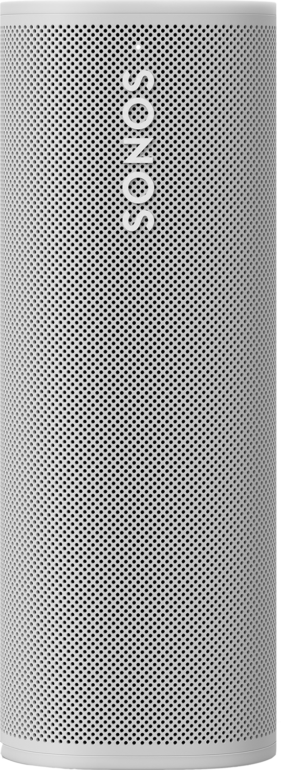 Witte Sonos-luidspreker. De luidspreker is cilindrisch met een rooster van kleine gaatjes die het oppervlak bedekken.