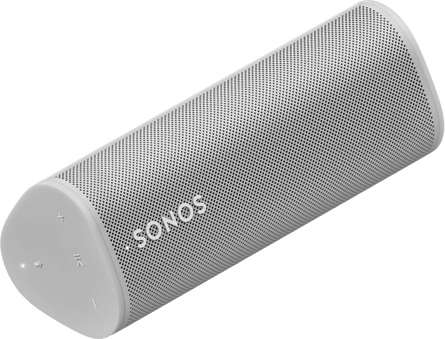 Een cilindrische grijze Sonos-luidspreker met de merknaam zichtbaar.