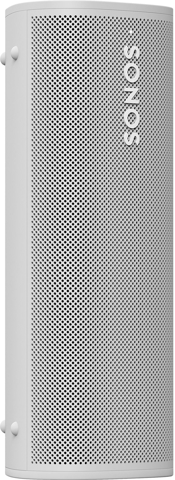 Witte Sonos-luidspreker met een geperforeerd oppervlak, cilindrische vorm en Sonos-logo.