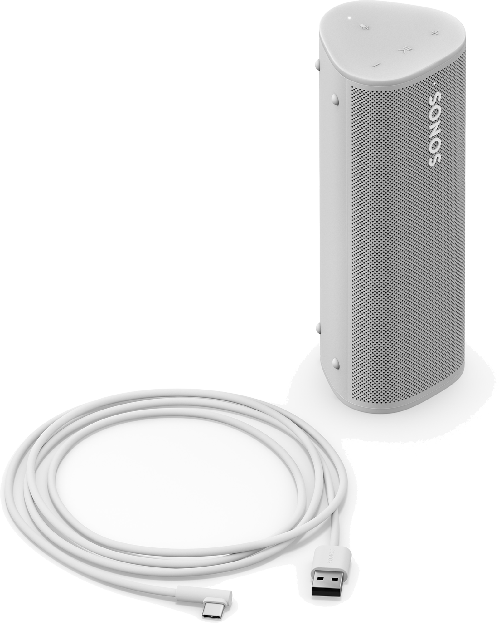 Witte Sonos-luidspreker met een witte USB-C-kabel, tegen een zwarte achtergrond. De luidspreker is hoog en cilindrisch.