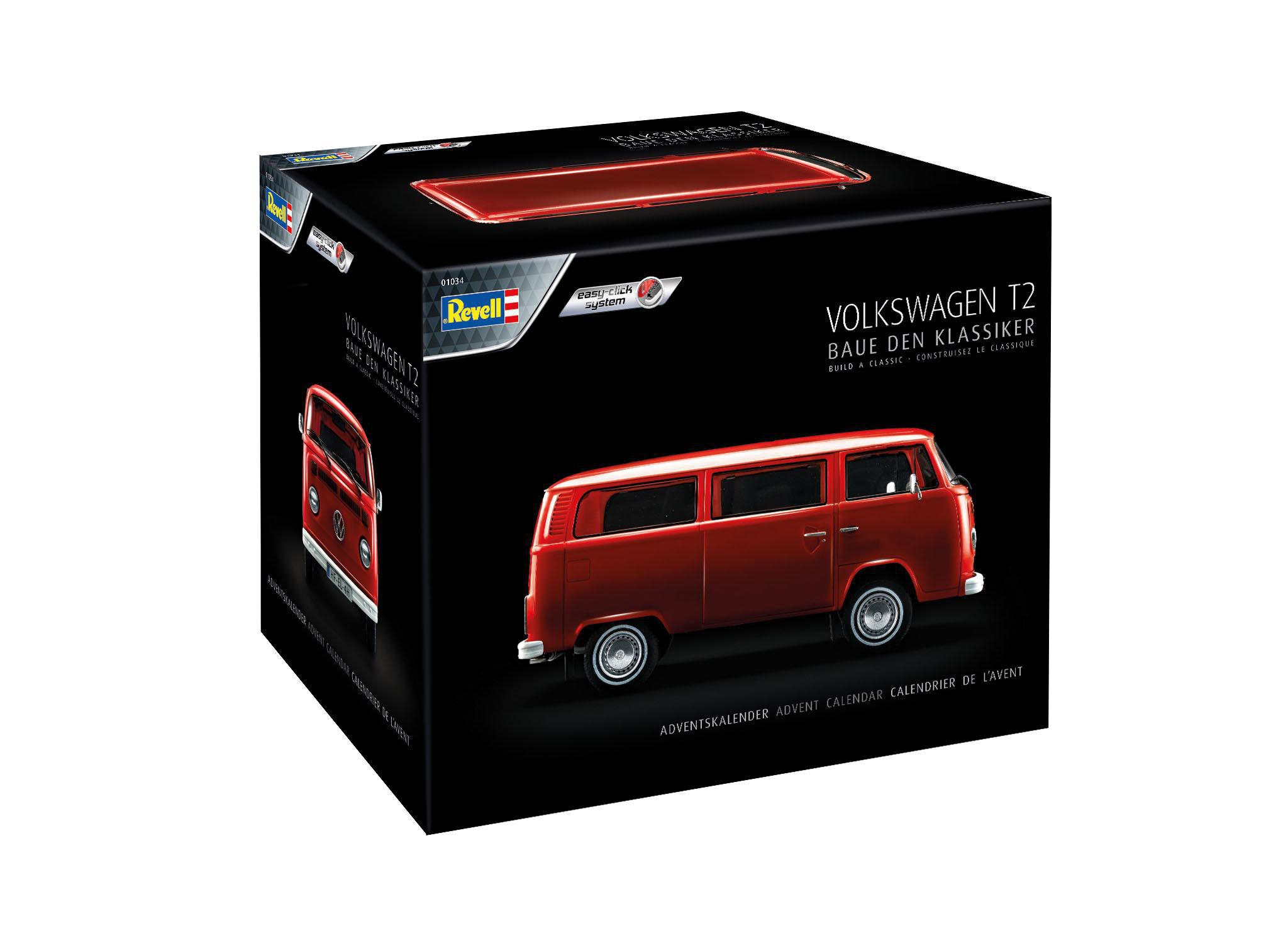 Verpackter Modellbausatz eines roten VW T2 Transporters. Schwarze Box mit Text.