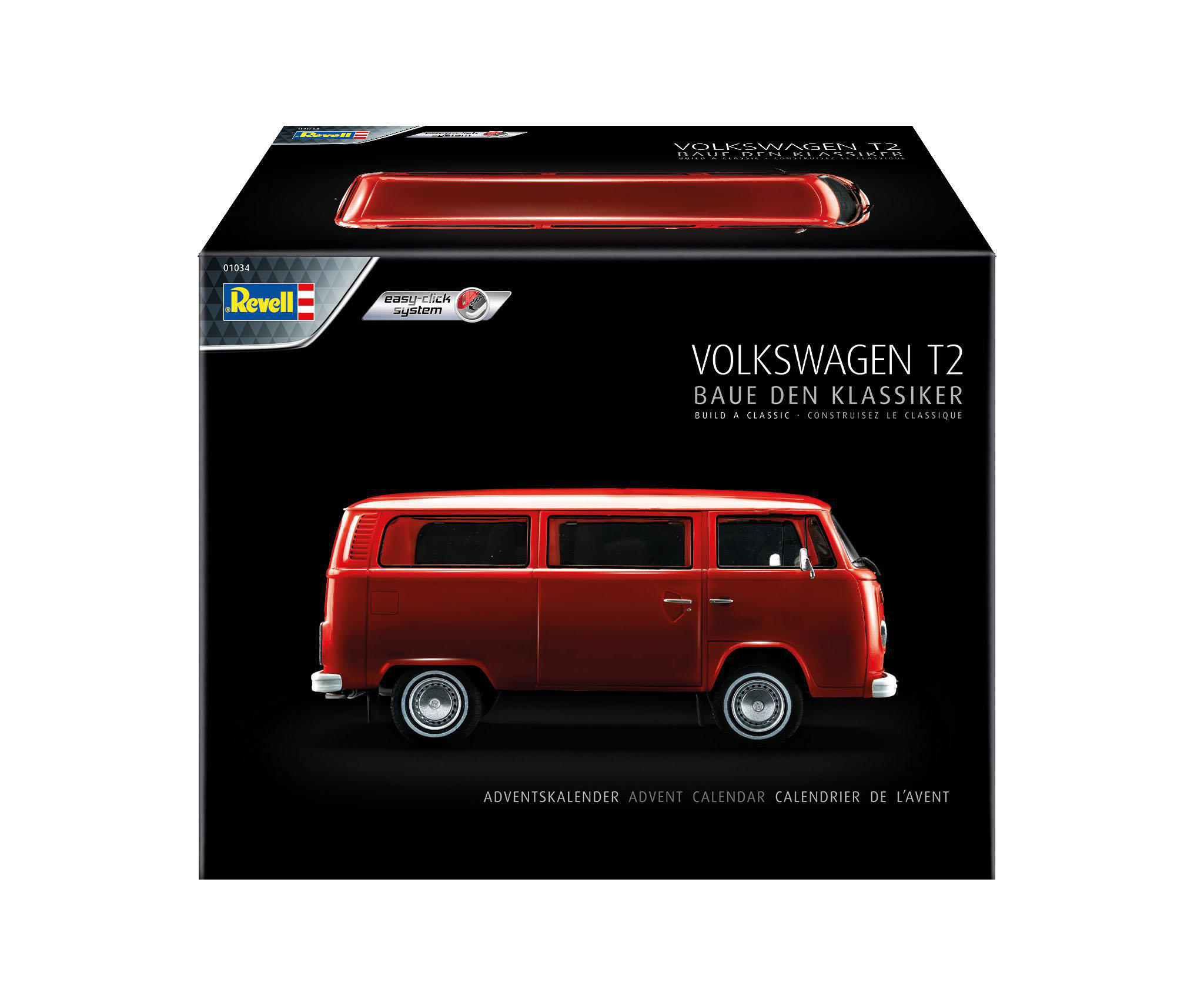Modellbausatz-Box eines roten Volkswagen T2. Die Box hat ein Bild des Vans und andere Details.