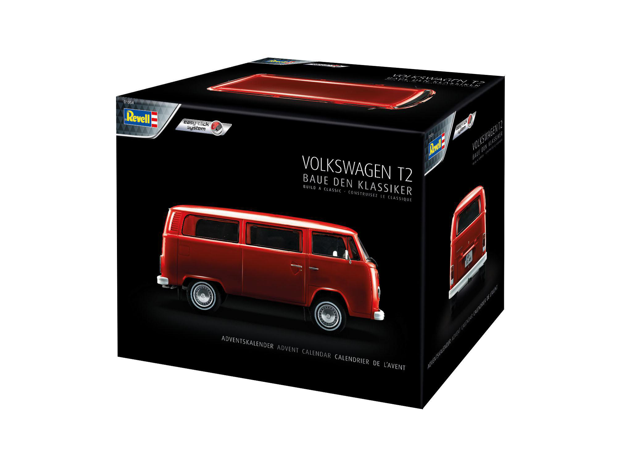 Eine rote Volkswagen T2 Modellbaukastenbox auf weißem Hintergrund, die das Fahrzeug und die Markendaten zeigt.