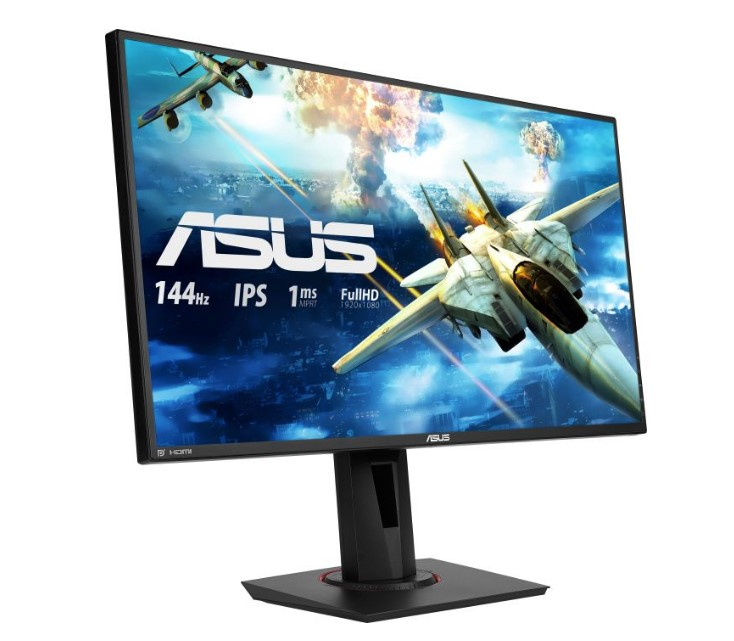 Un monitor ASUS muestra aviones en el cielo. La pantalla tiene un marco y un soporte negros.