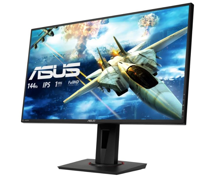 Monitor de computadora ASUS. Pantalla mostrando aviones de combate en acción. Soporte negro.