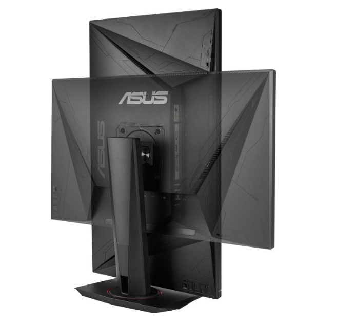 Monitor ASUS negro, vista en ángulo, con soporte. Vista trasera.