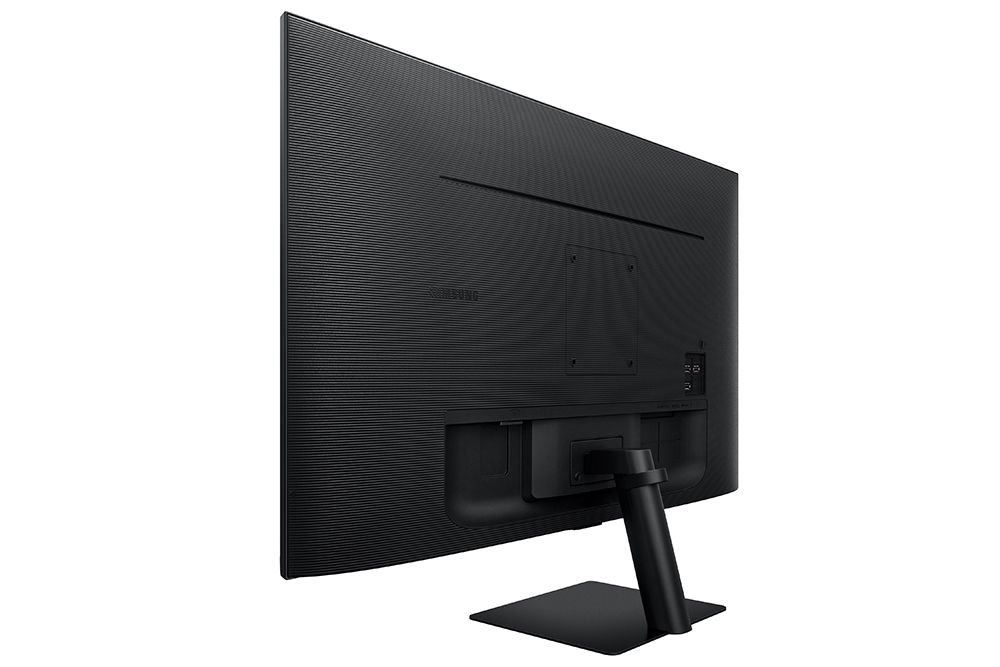 Achteraanzicht van een zwarte Samsung-monitor. Het heeft poorten, een standaard en het Samsung-logo.