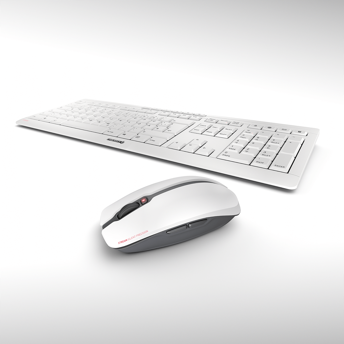Ein weißes Tastatur- und Maus-Set auf Weiß.