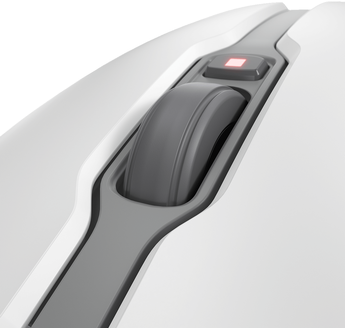 Nahaufnahme einer weißen Computermaus mit grauem Scrollrad und roter Taste.