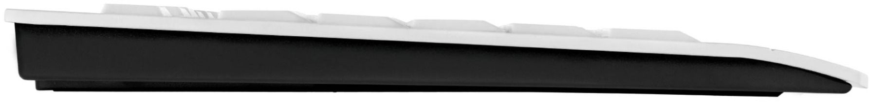 Seitenansicht einer Tastatur. Weiße Tasten und Rahmen, schwarzer Körper. Die Tasten sind leicht angewinkelt. Schwarze Basis.