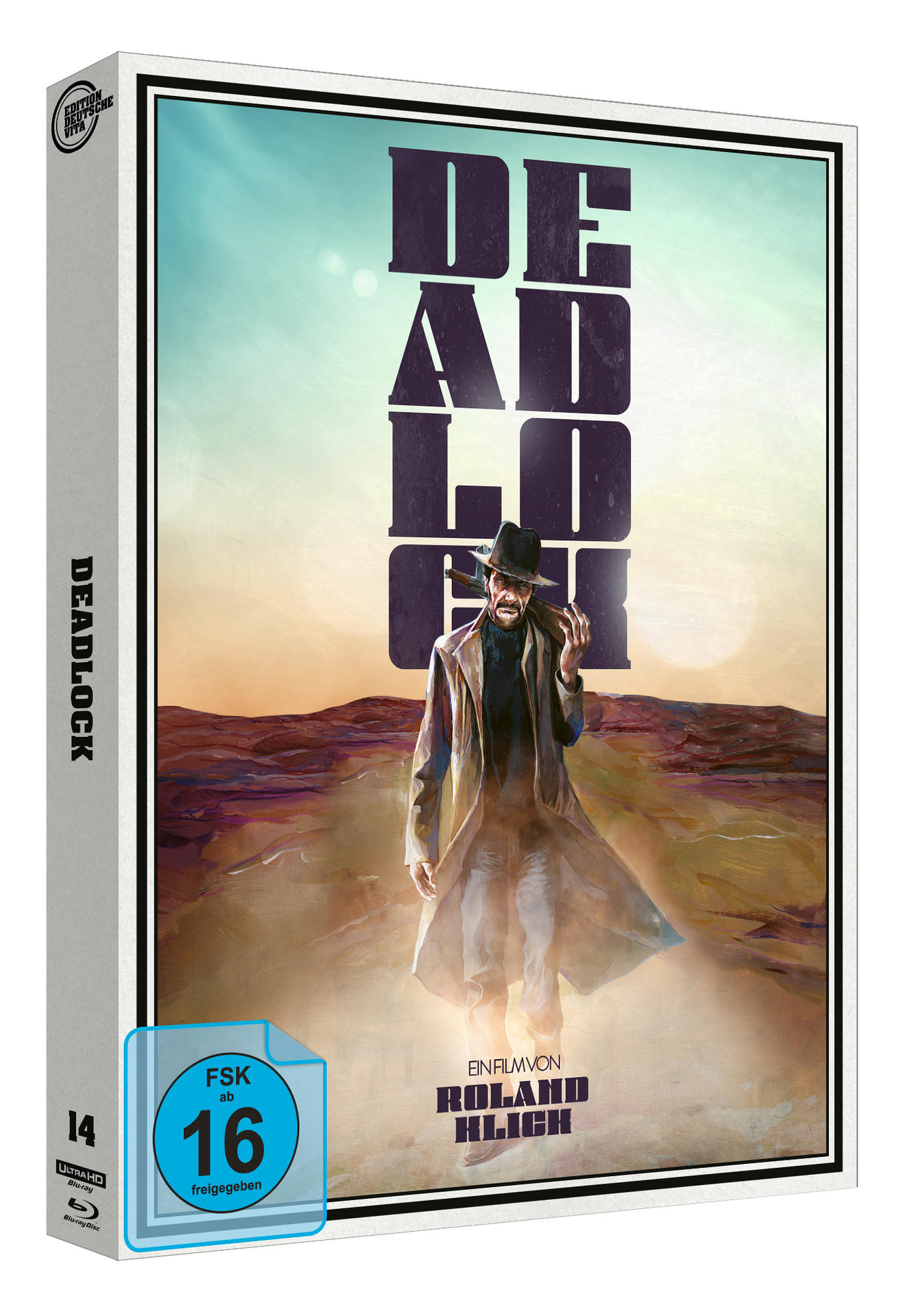 DVD-Hülle für den Film Deadlock, mit einem Mann im Trenchcoat.