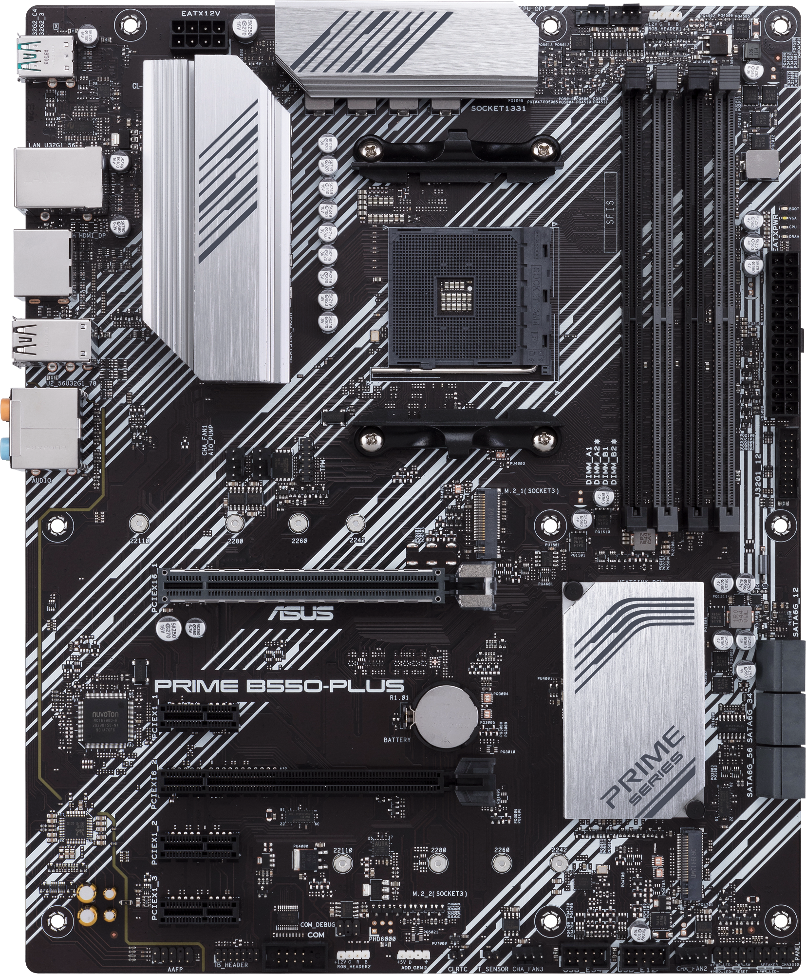 Vue de dessus d'une carte mère ASUS Prime B550-PLUS noire avec dissipateurs argentés.