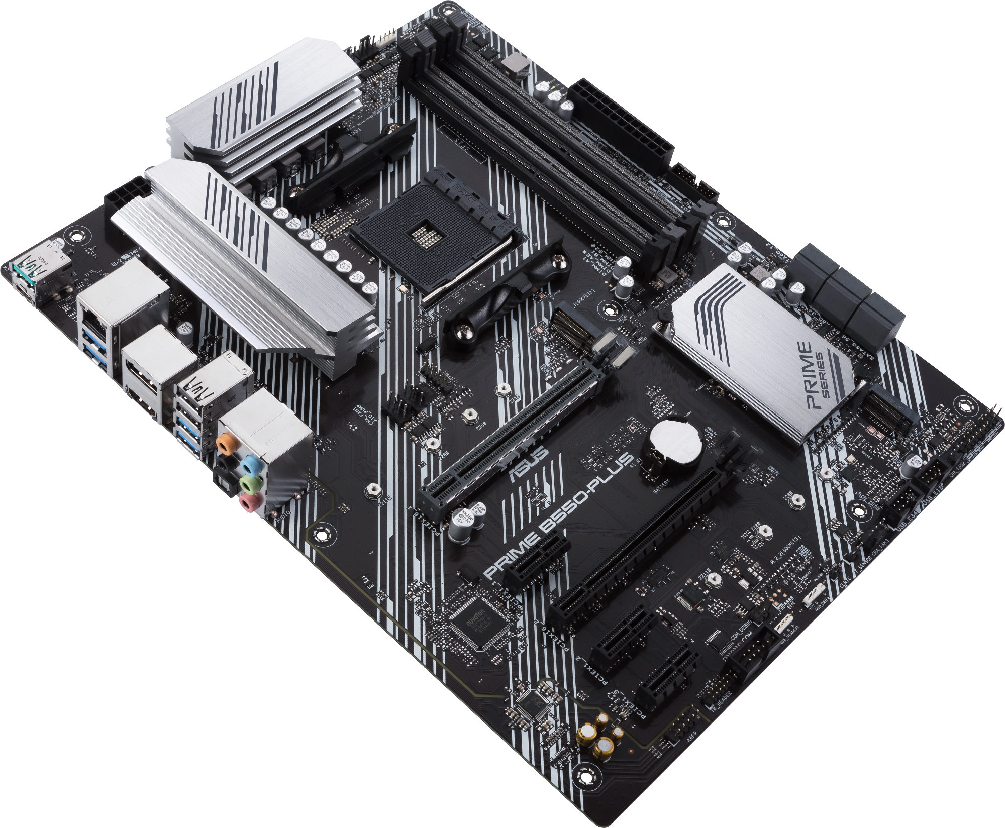 Carte mère ASUS PRIME B550-PLUS noire avec dissipateurs et connecteurs argentés.
